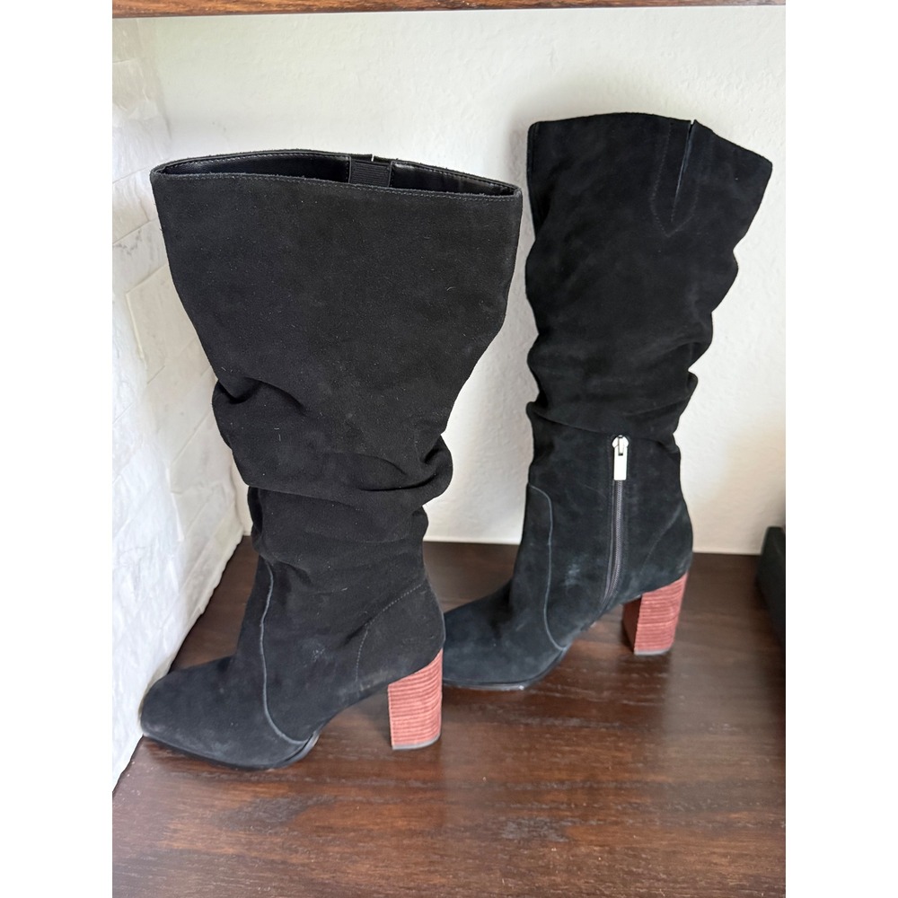 Splendid Gloria Black Suede Slouchy Knee High Boots Stacked Wood Heel Size 8